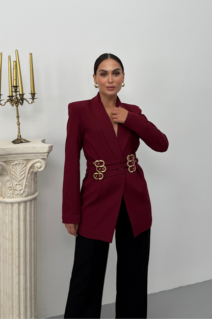 Kadın Blazer Ceket Şık Kruvaze Yaka Vatkalı Gold Kemer Detaylı Ceket