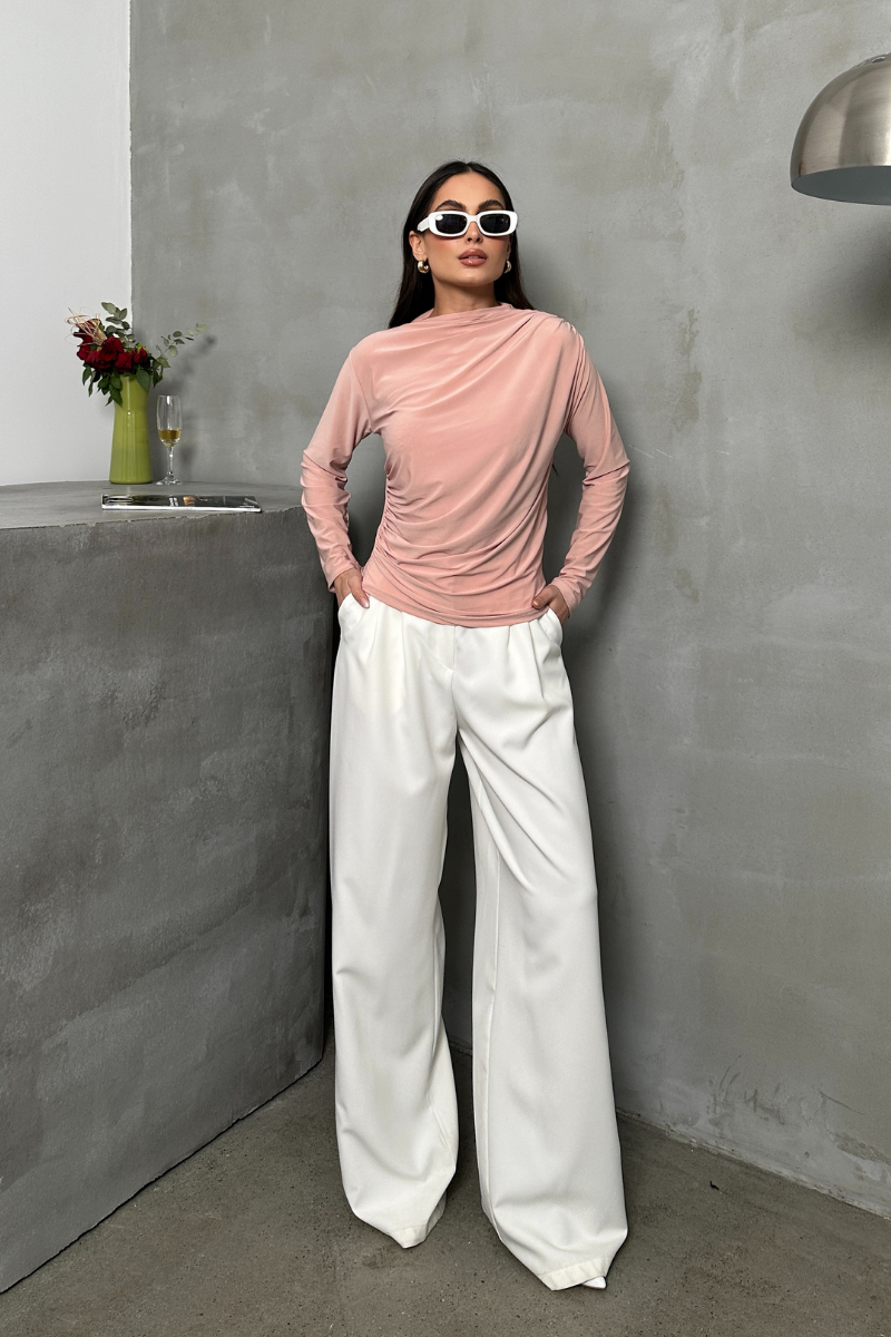 Kadın Bluz Drapeli Uzun Kollu Sandy Kumaş Yüksek Yakalı Likralı Bluz