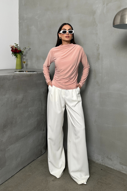 Kadın Bluz Drapeli Uzun Kollu Sandy Kumaş Yüksek Yakalı Likralı Bluz