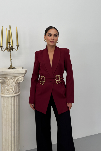 Kadın Blazer Ceket Şık Kruvaze Yaka Vatkalı Gold Kemer Detaylı Ceket