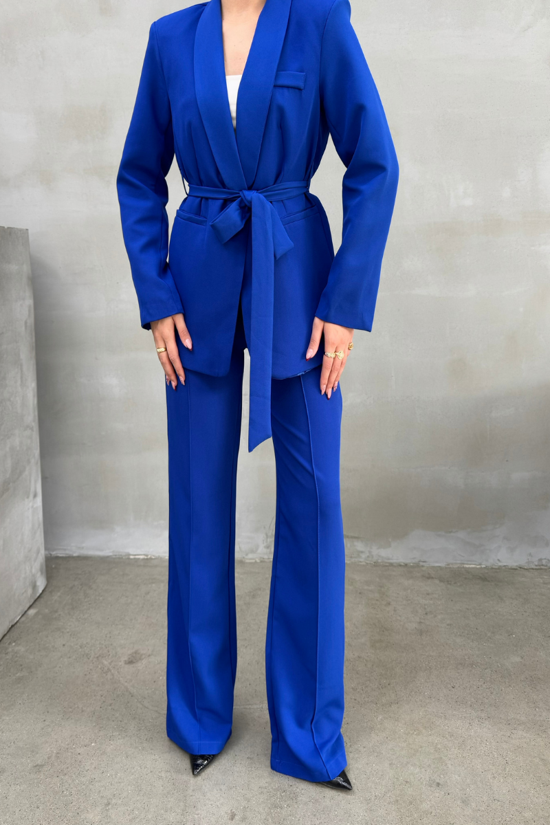 Kadın İkili Kuşaklı Blazer Ceket Pantolon Takım