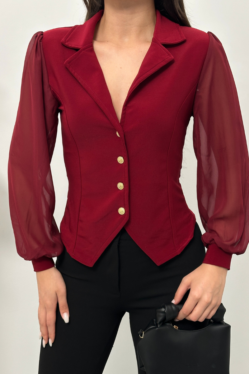Kadın Gömlek Düğmeli Uzun Tül Kollu Ceket Yaka Bele Oturan Gömlek