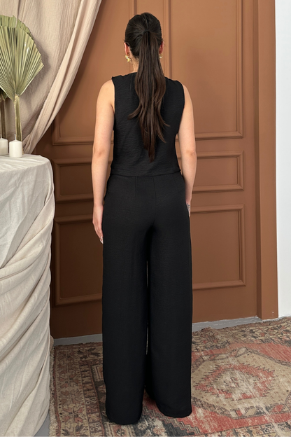 Kadın Alt Üst Takım Keten Düğmeli V Yaka Yelek Bol Paça Pantolon Takım