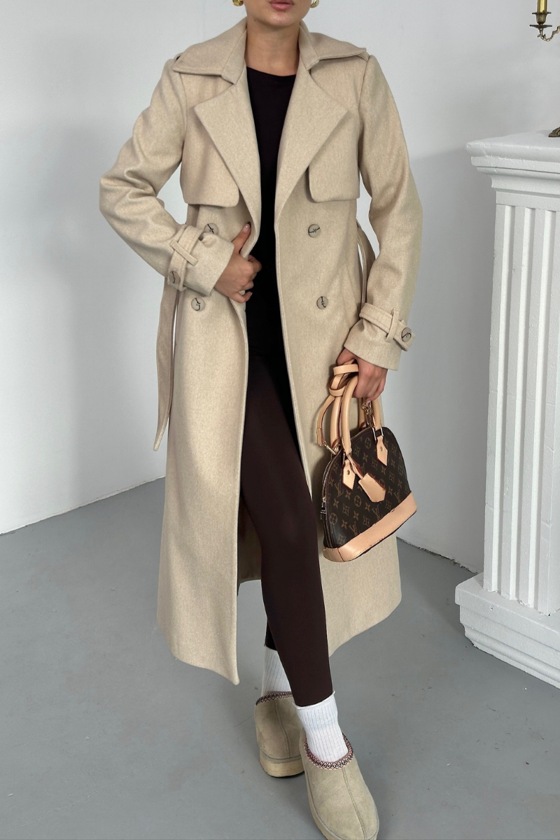 Kadın Kaban Uzun Kaşe  Kuşaklı Düğmeli Cepli Kruvaze Premium Kaban