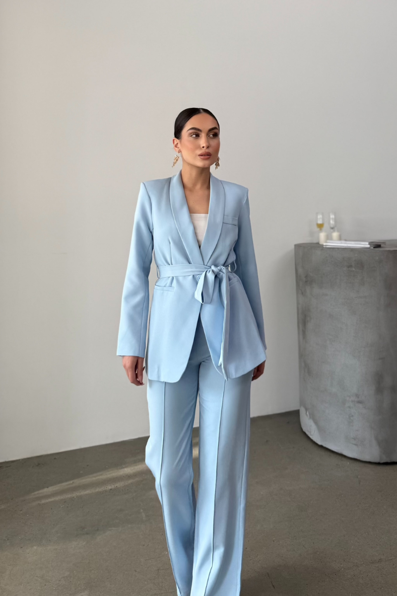 Kadın İkili Kuşaklı Blazer Ceket Pantolon Takım