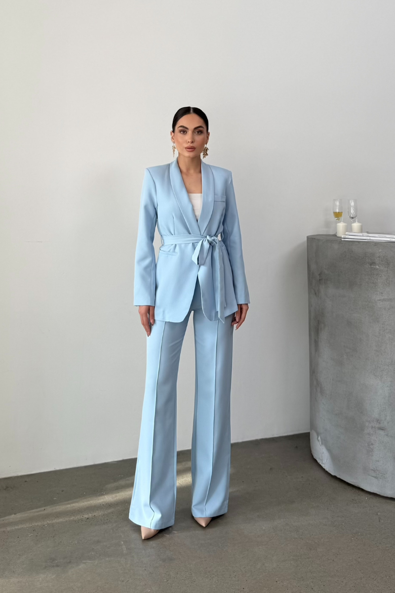 Kadın İkili Kuşaklı Blazer Ceket Pantolon Takım