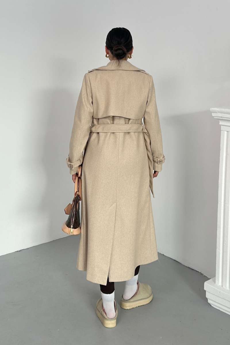 Kadın Kaban Uzun Kaşe  Kuşaklı Düğmeli Cepli Kruvaze Premium Kaban