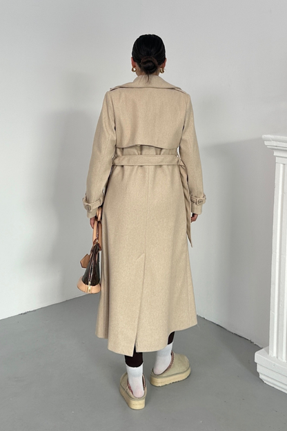 Kadın Kaban Uzun Kaşe  Kuşaklı Düğmeli Cepli Kruvaze Premium Kaban