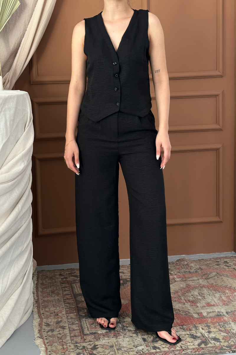 Kadın Alt Üst Takım Keten Düğmeli V Yaka Yelek Bol Paça Pantolon Takım