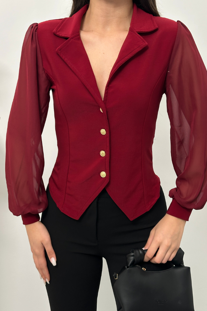 Kadın Gömlek Düğmeli Uzun Tül Kollu Ceket Yaka Bele Oturan Gömlek
