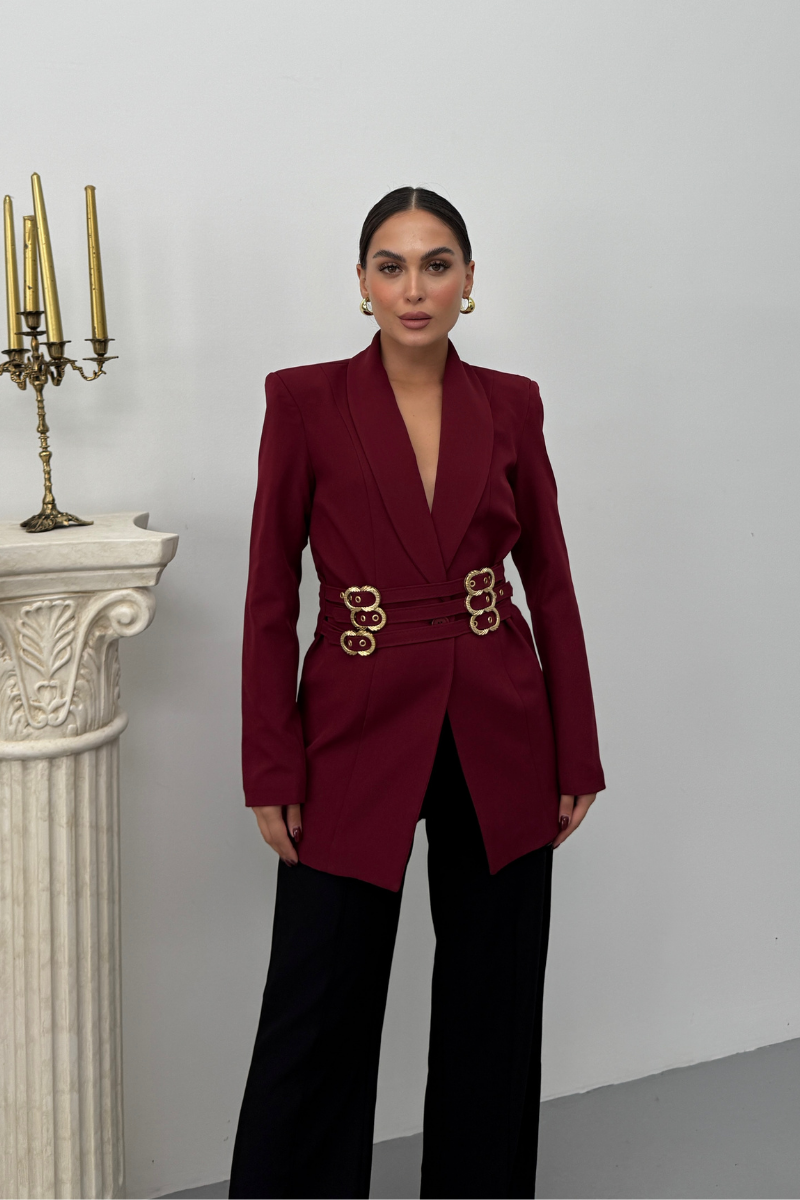 Kadın Blazer Ceket Şık Kruvaze Yaka Vatkalı Gold Kemer Detaylı Ceket