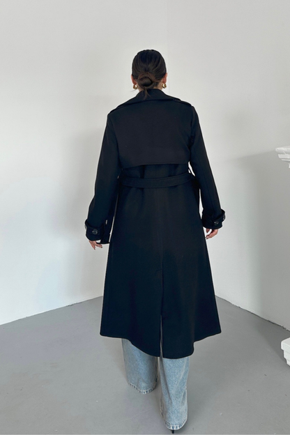 Kadın Kaban Uzun Kaşe  Kuşaklı Düğmeli Cepli Kruvaze Premium Kaban