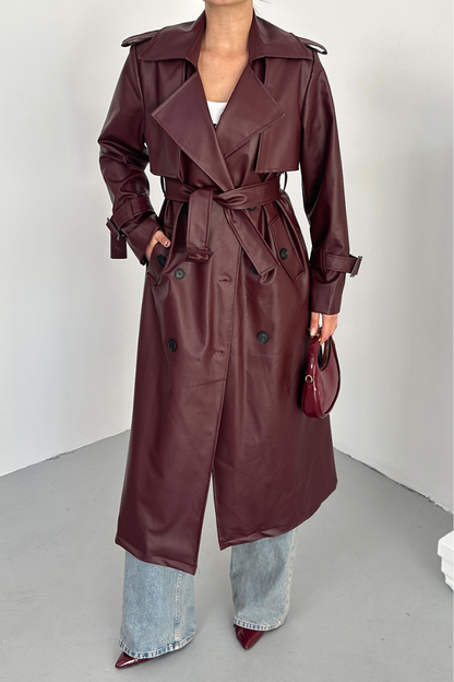 Kadın Trençkot Uzun Suni Deri Kemerli Düğmeli Cepli Yırtmaçlı Kruvaze Yaka Trençkot