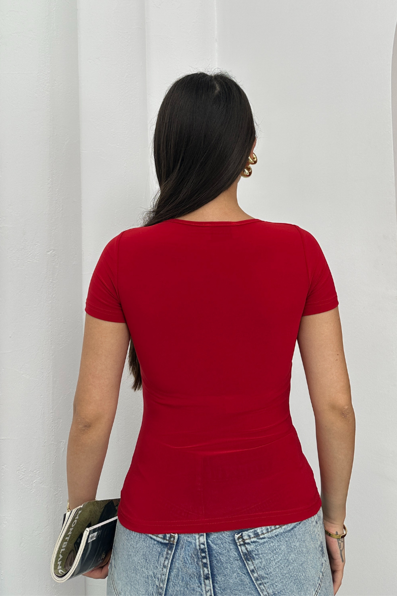 Kadın Kısa Kollu T-Shirt Kare Yaka Çift Kat Sandy Kumaş Crop T-Shirt