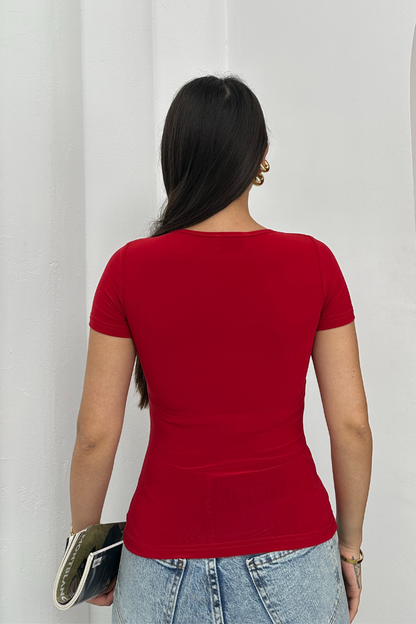 Kadın Kısa Kollu T-Shirt Kare Yaka Çift Kat Sandy Kumaş Crop T-Shirt