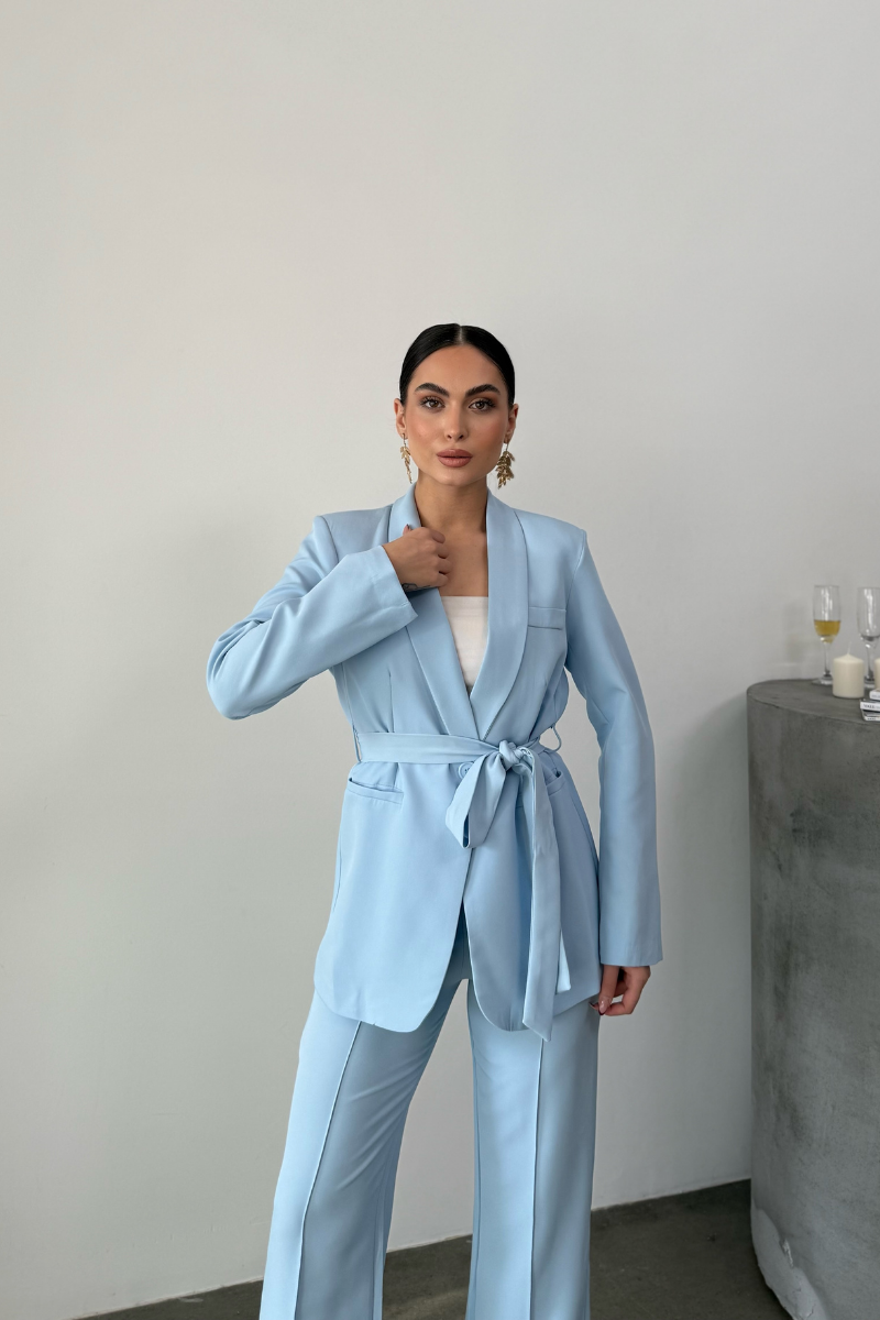 Kadın İkili Kuşaklı Blazer Ceket Pantolon Takım