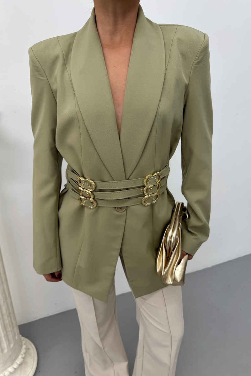 Kadın Blazer Ceket Şık Kruvaze Yaka Vatkalı Gold Kemer Detaylı Ceket
