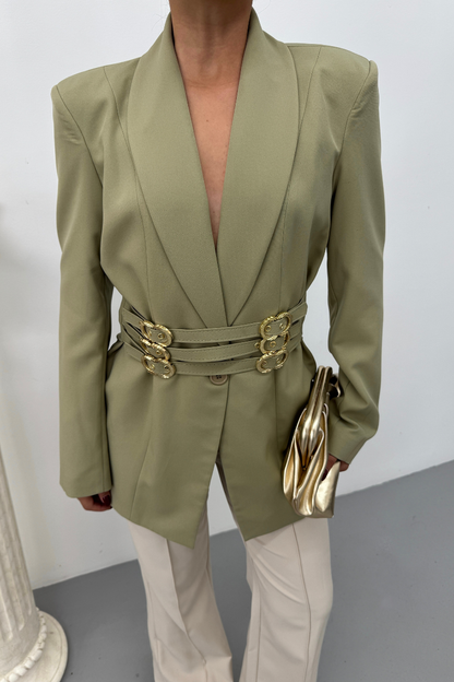 Kadın Blazer Ceket Şık Kruvaze Yaka Vatkalı Gold Kemer Detaylı Ceket