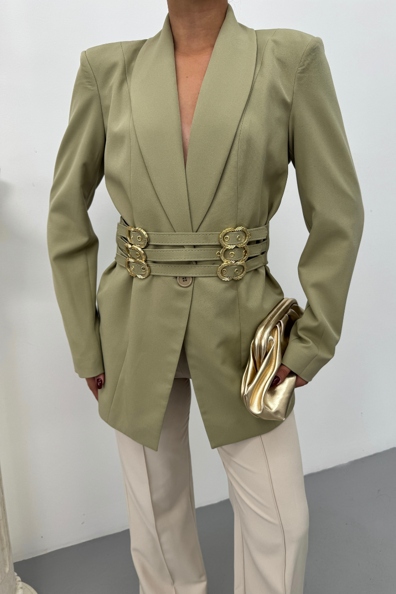 Kadın Blazer Ceket Şık Kruvaze Yaka Vatkalı Gold Kemer Detaylı Ceket