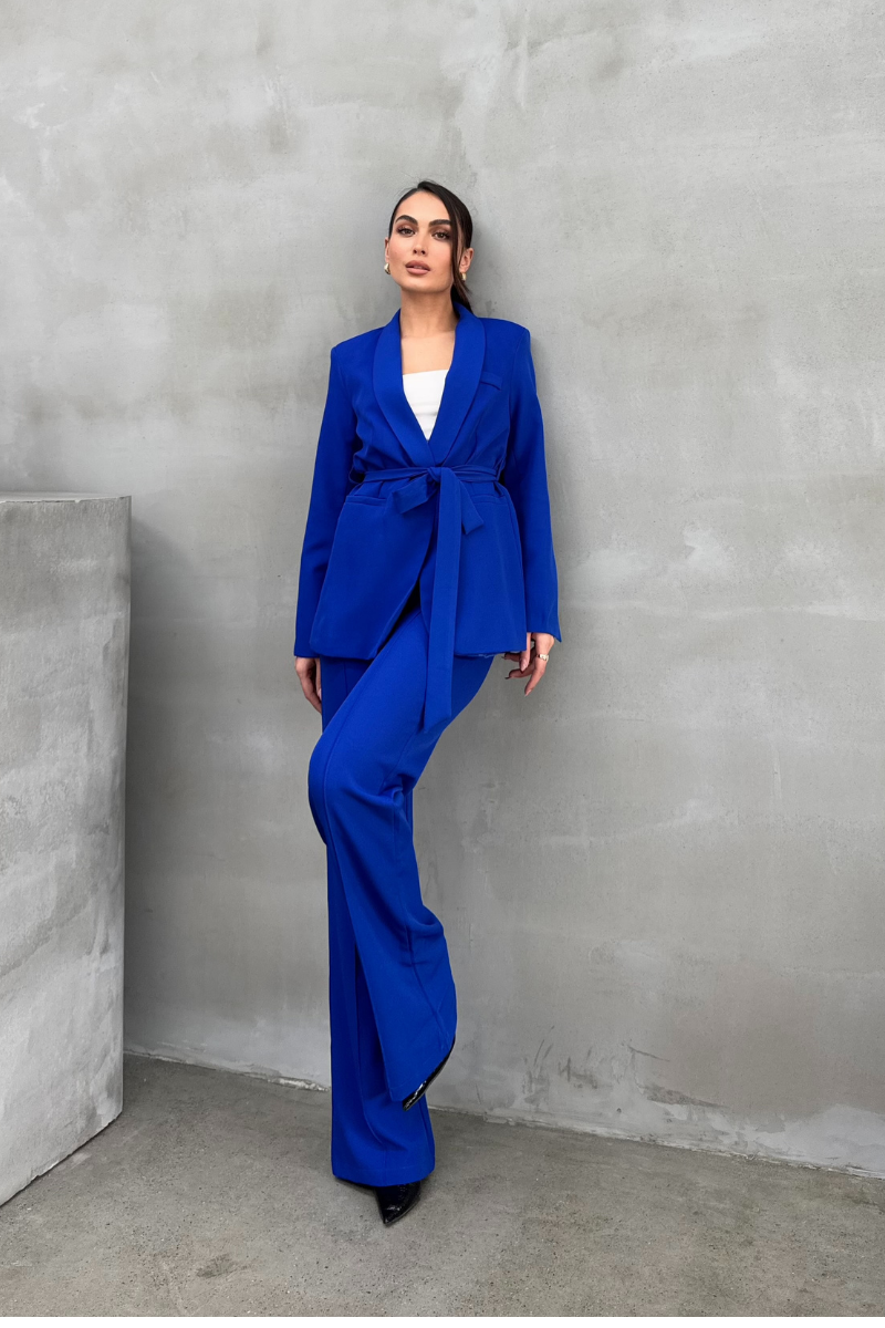 Kadın İkili Kuşaklı Blazer Ceket Pantolon Takım