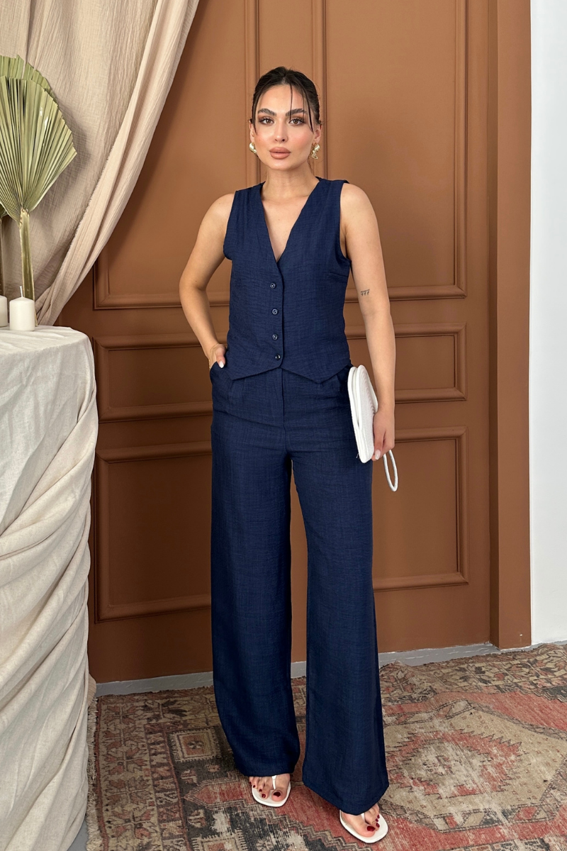 Kadın Alt Üst Takım Keten Düğmeli V Yaka Yelek Bol Paça Pantolon Takım