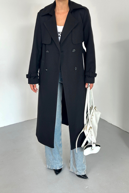 Kadın Kaban Uzun Kaşe  Kuşaklı Düğmeli Cepli Kruvaze Premium Kaban