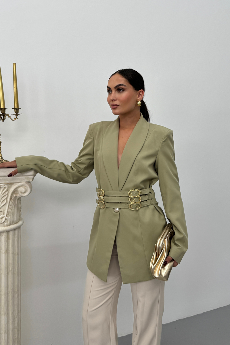 Kadın Blazer Ceket Şık Kruvaze Yaka Vatkalı Gold Kemer Detaylı Ceket