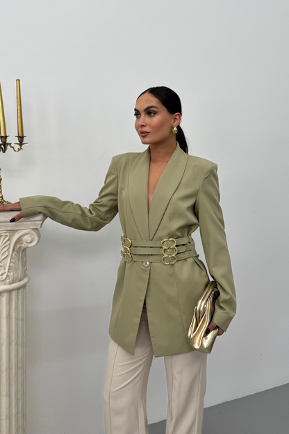 Kadın Blazer Ceket Şık Kruvaze Yaka Vatkalı Gold Kemer Detaylı Ceket