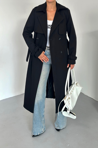 Kadın Kaban Uzun Kaşe  Kuşaklı Düğmeli Cepli Kruvaze Premium Kaban