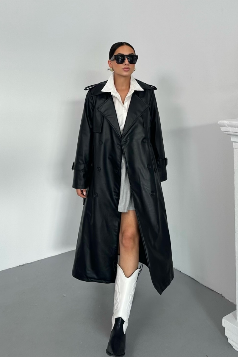 Kadın Trençkot Uzun Suni Deri Kemerli Düğmeli Cepli Yırtmaçlı Kruvaze Yaka Trençkot