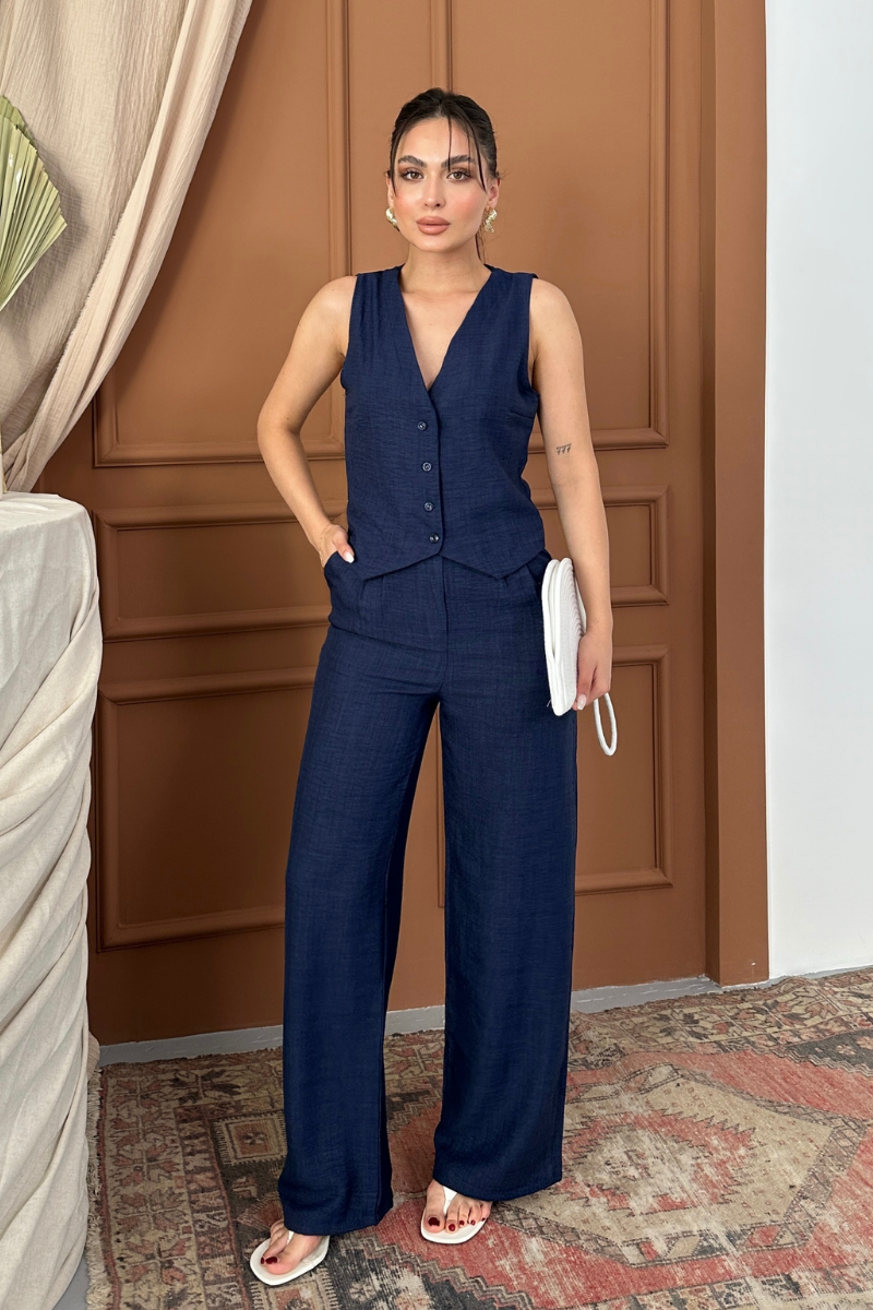 Kadın Alt Üst Takım Keten Düğmeli V Yaka Yelek Bol Paça Pantolon Takım