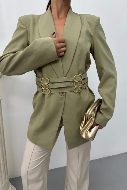 Kadın Blazer Ceket Şık Kruvaze Yaka Vatkalı Gold Kemer Detaylı Ceket