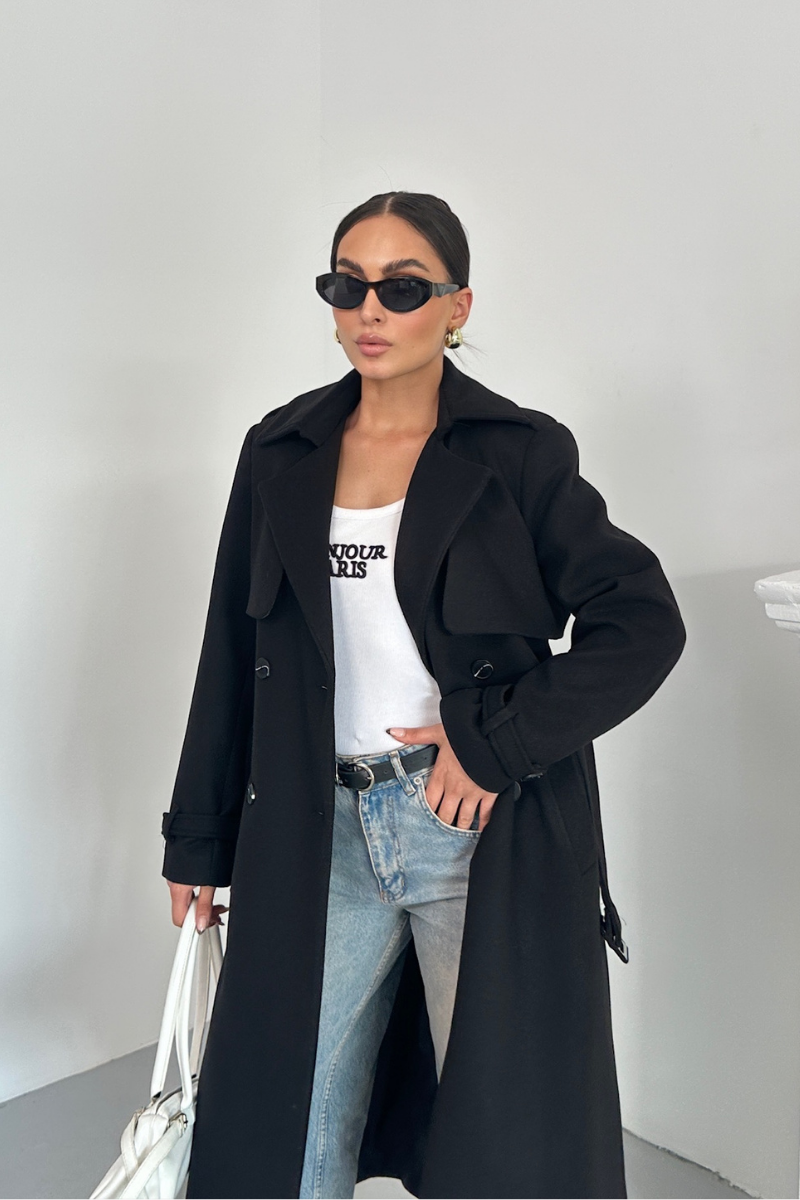 Kadın Kaban Uzun Kaşe  Kuşaklı Düğmeli Cepli Kruvaze Premium Kaban