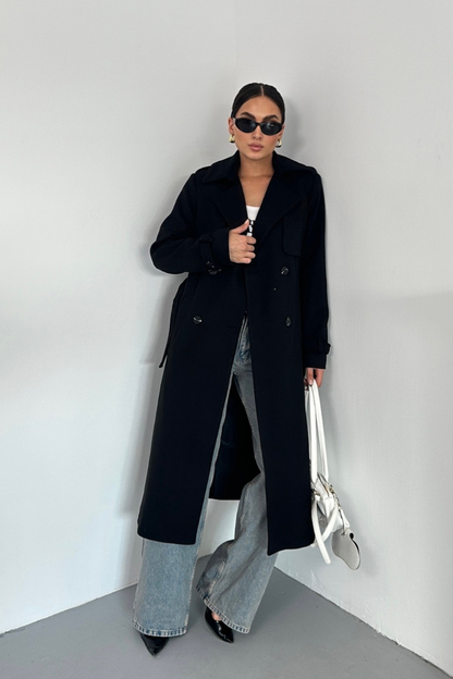 Kadın Kaban Uzun Kaşe  Kuşaklı Düğmeli Cepli Kruvaze Premium Kaban