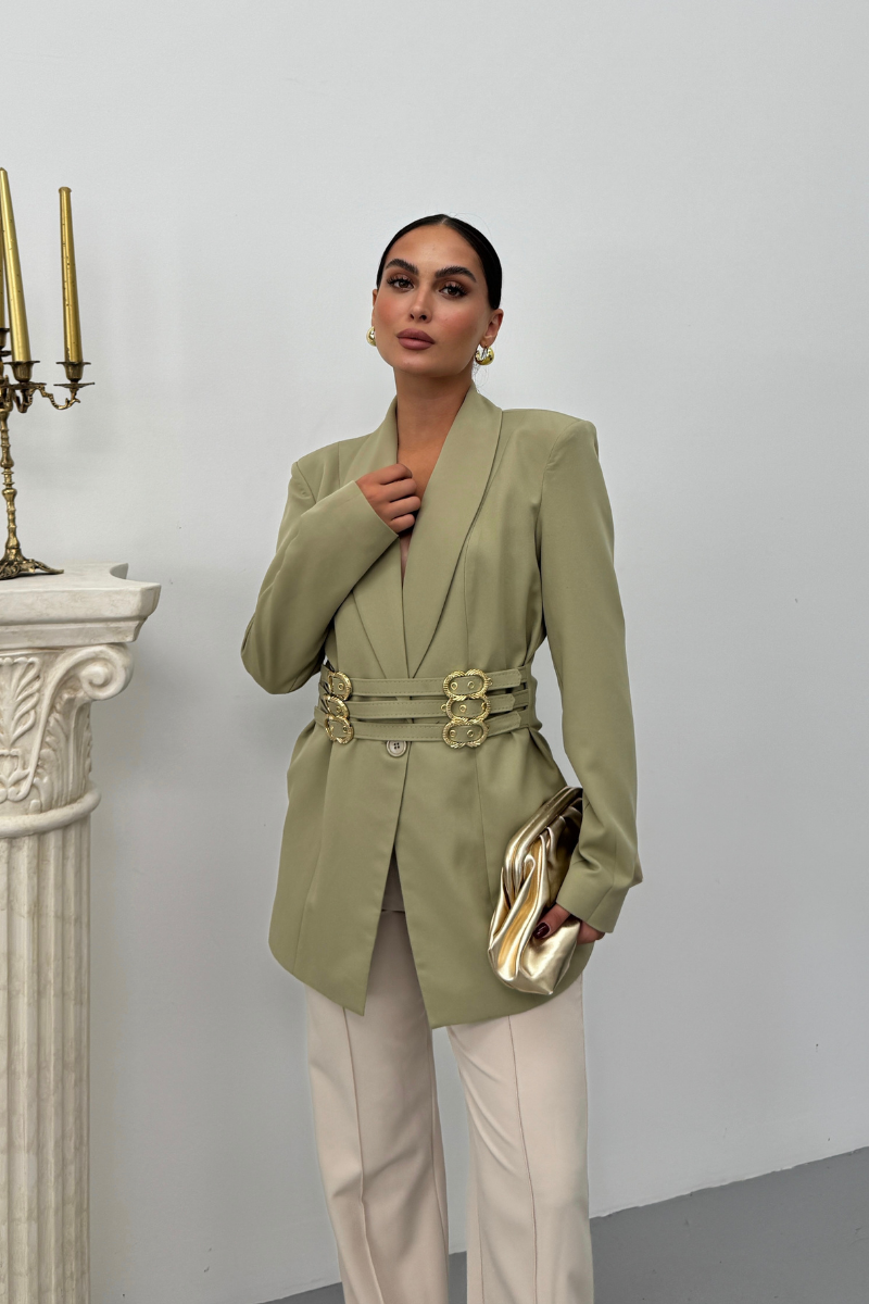 Kadın Blazer Ceket Şık Kruvaze Yaka Vatkalı Gold Kemer Detaylı Ceket