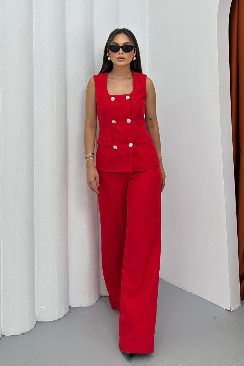 Kadın İkili Alt Üst Takım Şık Düğme Detaylı Kare Yaka Yelek Pantolon Takım