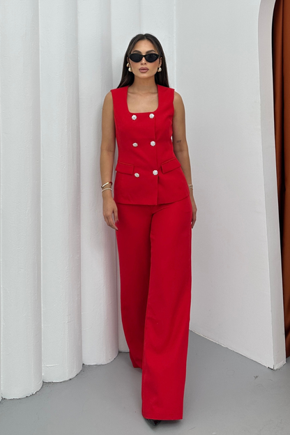 Kadın İkili Alt Üst Takım Şık Düğme Detaylı Kare Yaka Yelek Pantolon Takım