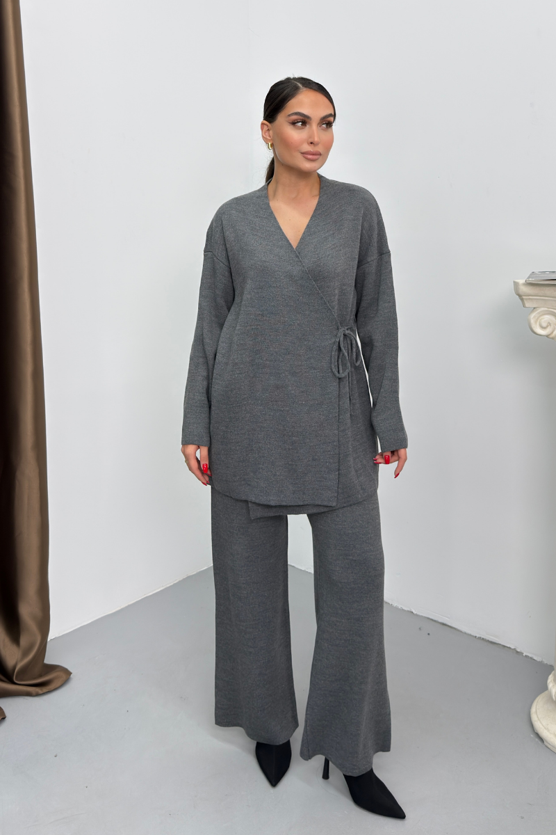 Kadın İkili Alt Üst Takım Triko Yandan Bağcıklı Kruvaze Hırka Bol Paça Pantolon Örme Takım