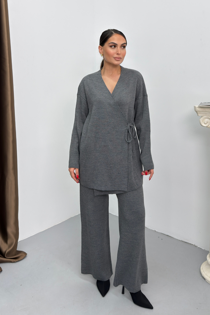 Kadın İkili Alt Üst Takım Triko Yandan Bağcıklı Kruvaze Hırka Bol Paça Pantolon Örme Takım