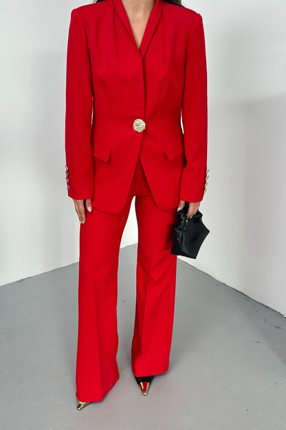 Kadın İkili Takım Şık Düğme Detaylı Dik Yaka Blazer Ceket Bol Paça Pantolon Takım
