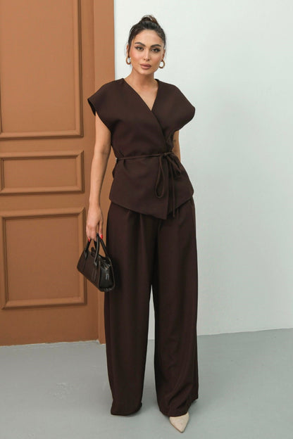 Kadın İkili Alt Üst Takım Bağcıklı Bol Kesim Dökümlü Yazlık Kısa Kollu Kimono Ceket Palazzo Pantolon BEBE MAVİSİ 36 Çok Renkli