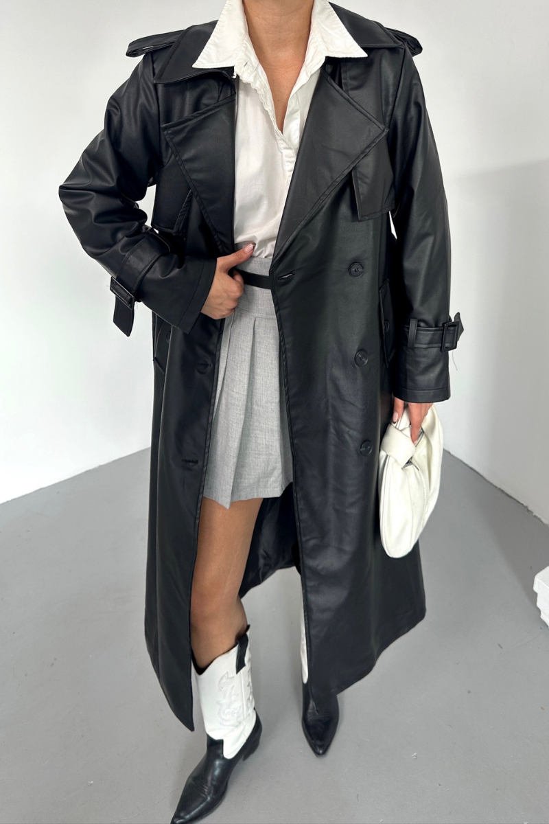 Kadın Trençkot Uzun Suni Deri Kemerli Düğmeli Cepli Yırtmaçlı Kruvaze Yaka Trençkot