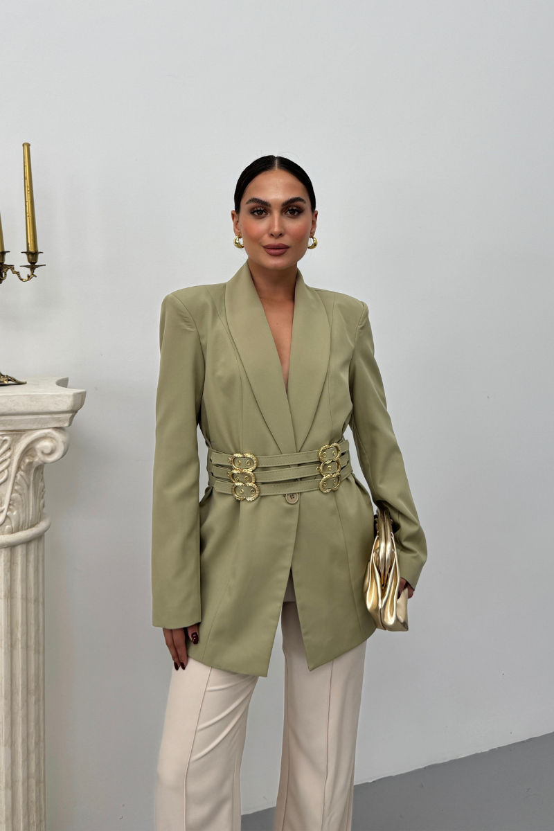 Kadın Blazer Ceket Şık Kruvaze Yaka Vatkalı Gold Kemer Detaylı Ceket