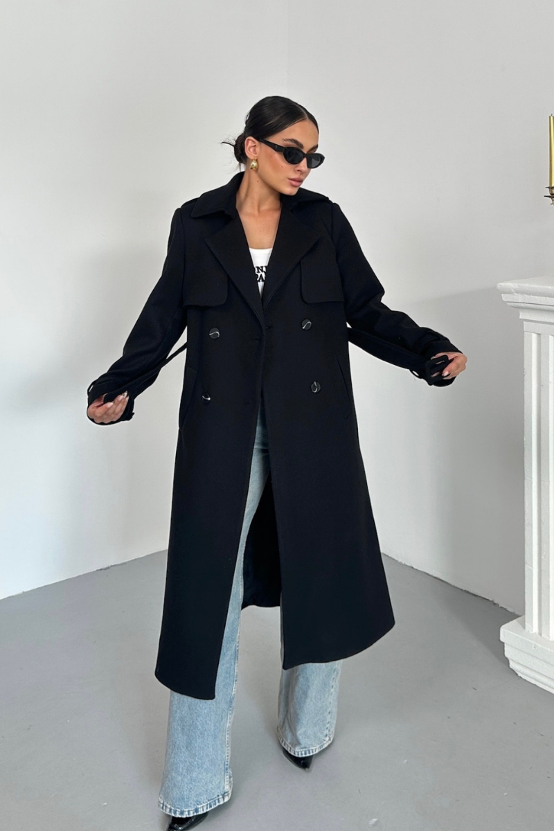 Kadın Kaban Uzun Kaşe  Kuşaklı Düğmeli Cepli Kruvaze Premium Kaban