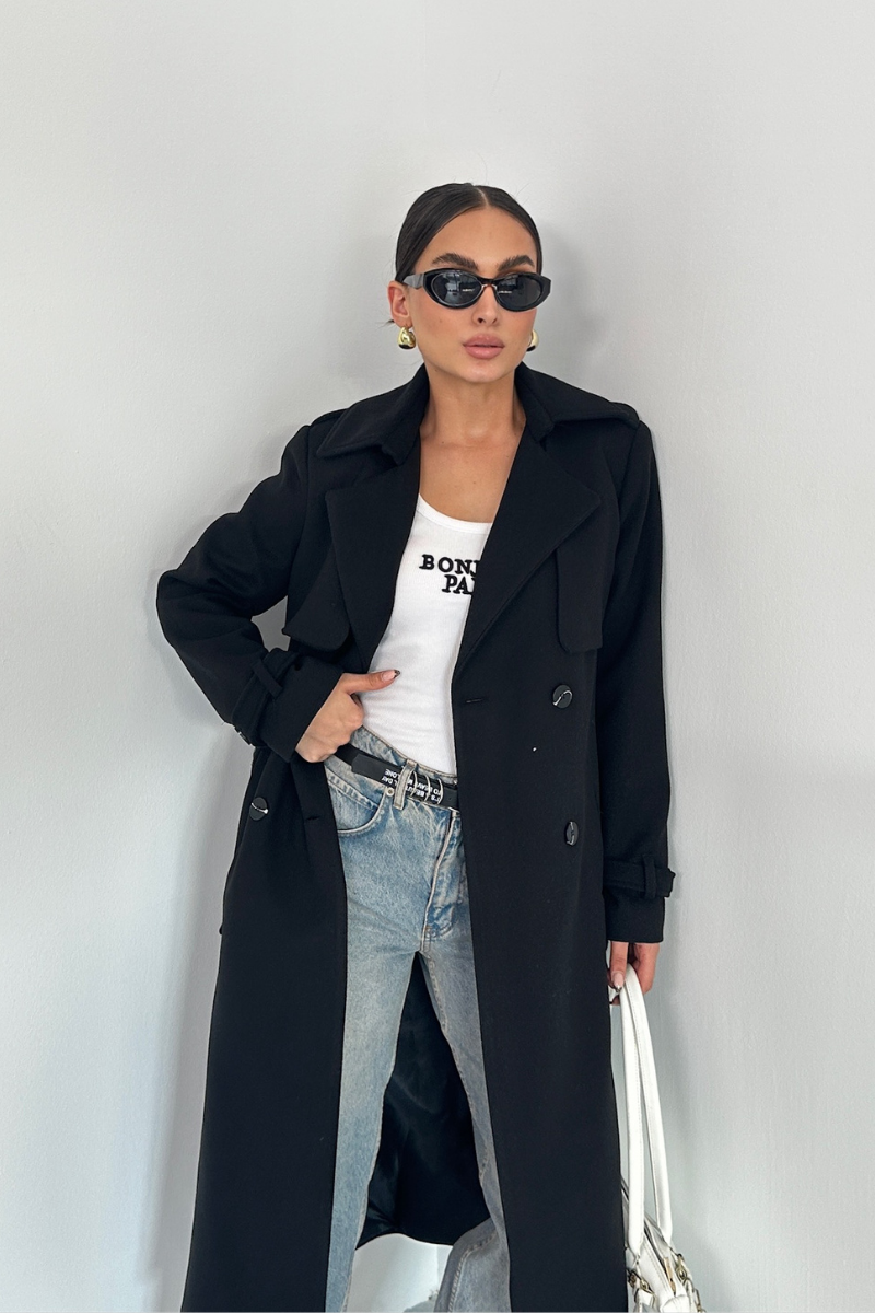 Kadın Kaban Uzun Kaşe  Kuşaklı Düğmeli Cepli Kruvaze Premium Kaban