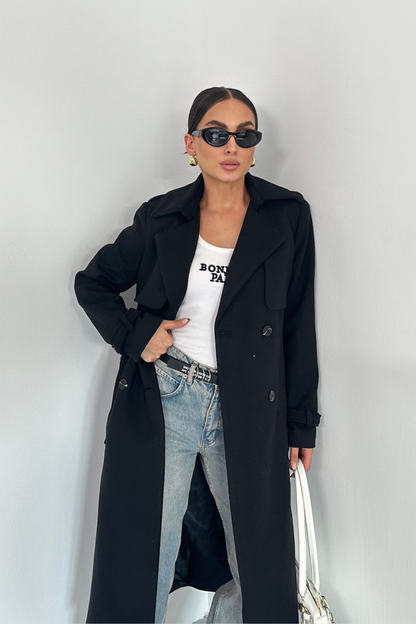 Kadın Kaban Uzun Kaşe  Kuşaklı Düğmeli Cepli Kruvaze Premium Kaban