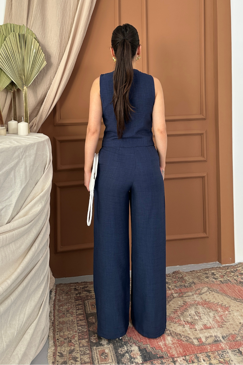 Kadın Alt Üst Takım Keten Düğmeli V Yaka Yelek Bol Paça Pantolon Takım