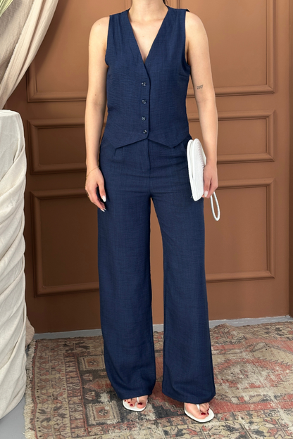 Kadın Alt Üst Takım Keten Düğmeli V Yaka Yelek Bol Paça Pantolon Takım