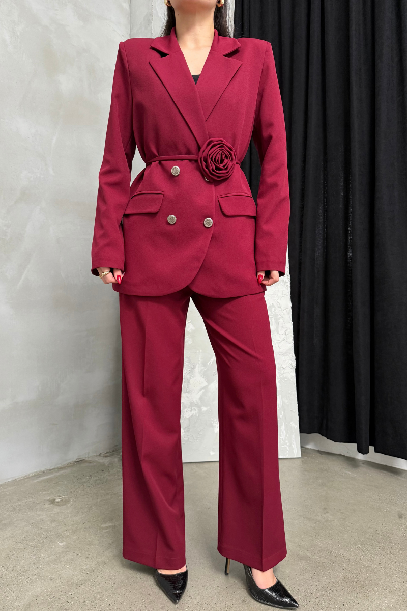 Kadın İkili Blazer Ceket Pantolon Takım Aksesuar ve Düğme Detaylı Bol Paça