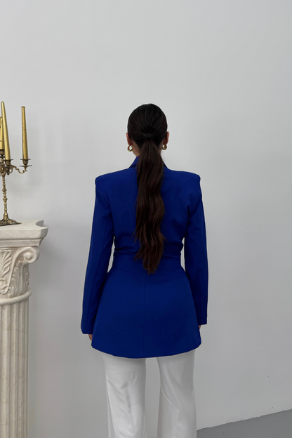 Kadın Blazer Ceket Şık Kruvaze Yaka Vatkalı Gold Kemer Detaylı Ceket